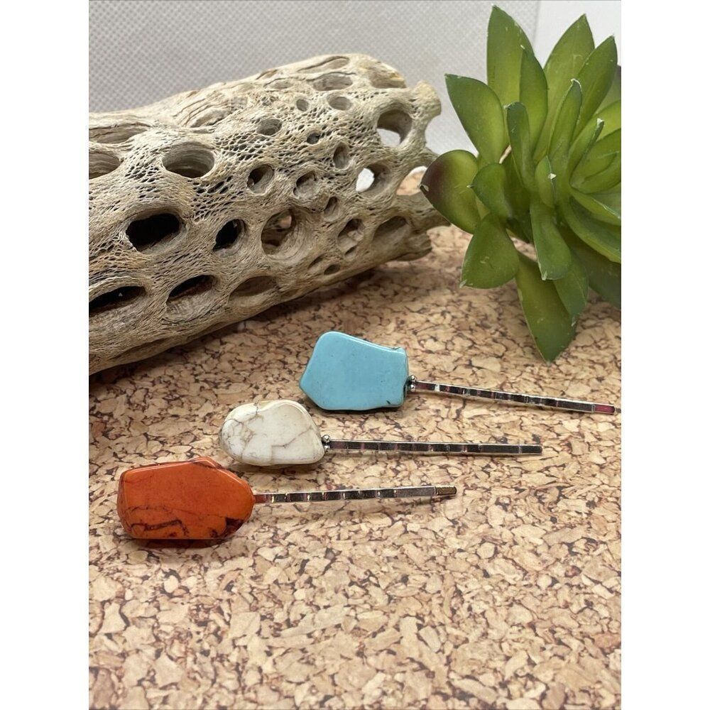 SET 3 Silver Southwest Western Hair pins Clips Turquoise BLUE RED WHITE Cowgirl